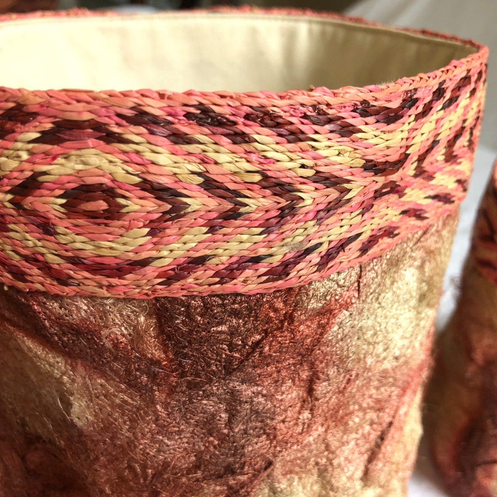 Handmade Madagascar African Wild Silk Decorative Basket, Fair Trade, Egyptian Red Burgundy + Natural Gold Tan, Cocoon Silk and Raffia