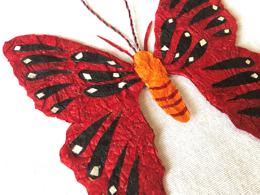 Madagascar silk scarlet red butterfly ornament, handmade fair trade ecofriendly, unique miniature wall art decor