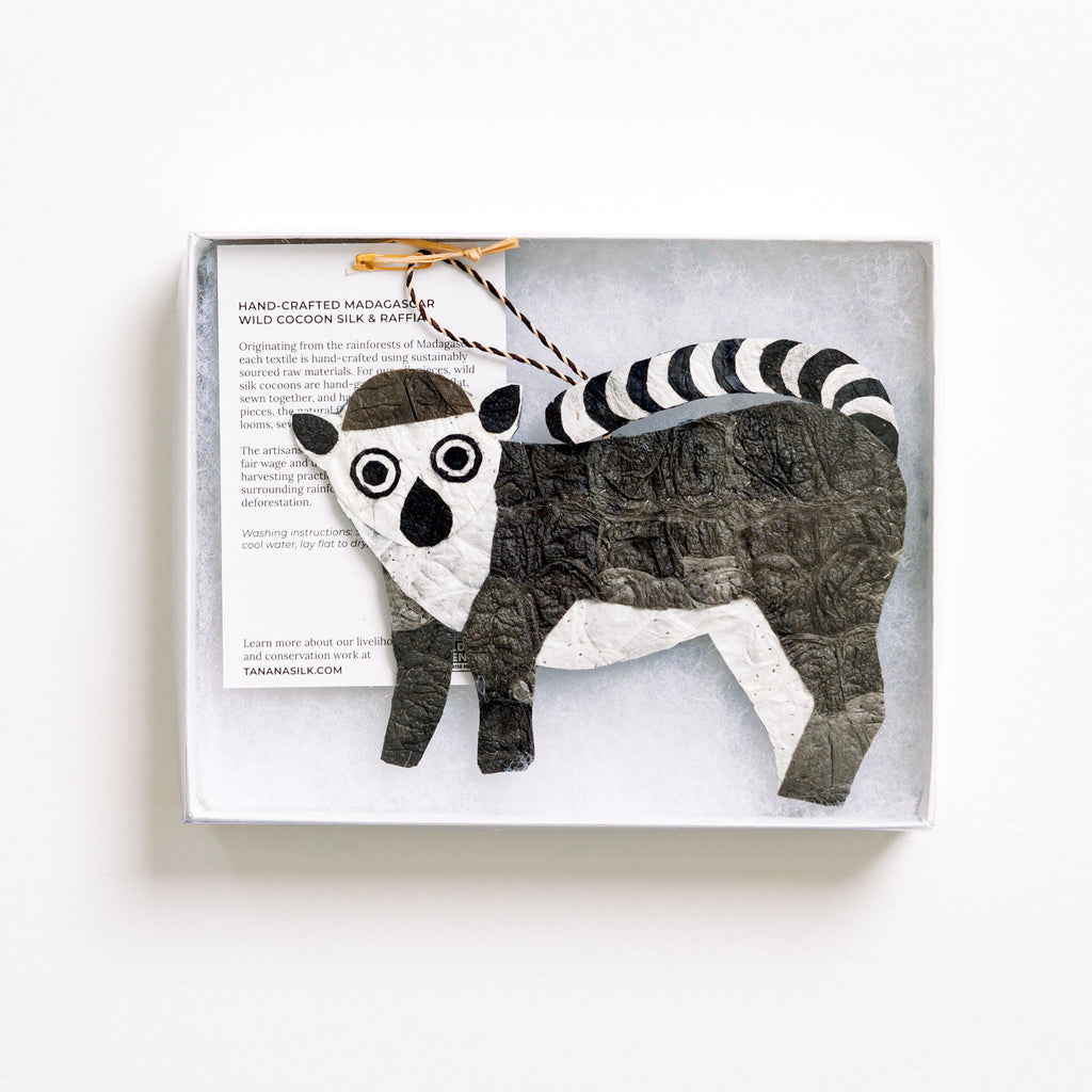 Fair trade handmade rainforest friendly Madagascar silk holiday christmas ornament ring tailed lemur small hanging wall art