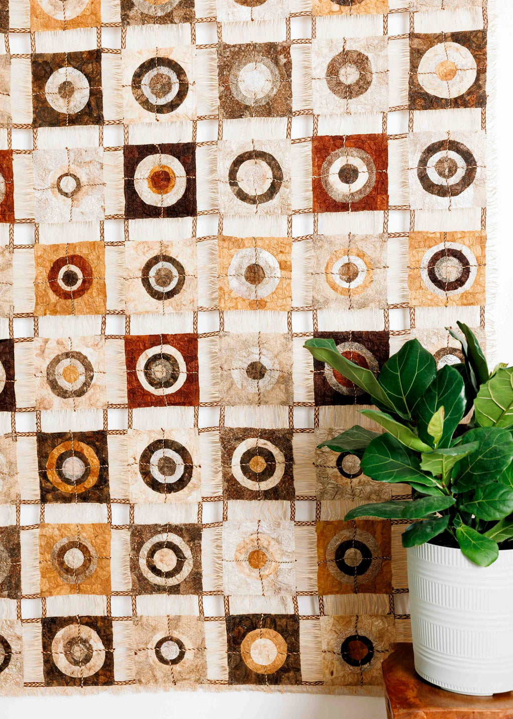 Earth tones naturally dyed patchwork boho large wall hanging tapestry rustic modern home decor, brown gold rust ivory tan, raw wild silk and raffia, handmade fair trade eco-friendly