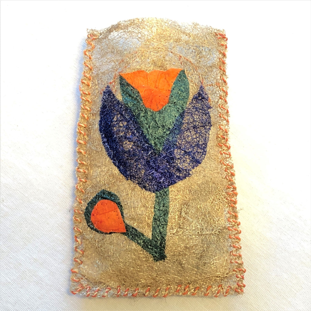 Handmade fair trade Madagascar wild silk lavender sachet with flower art collage, refillable, commelina dayflower gift