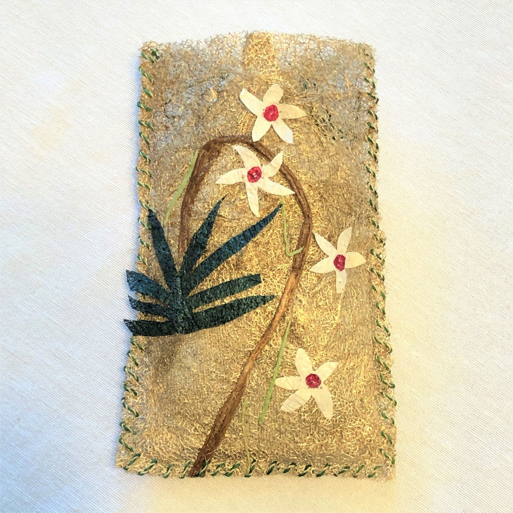 Handmade fair trade Madagascar wild silk lavender sachet with flower art collage, refillable, white orchid design