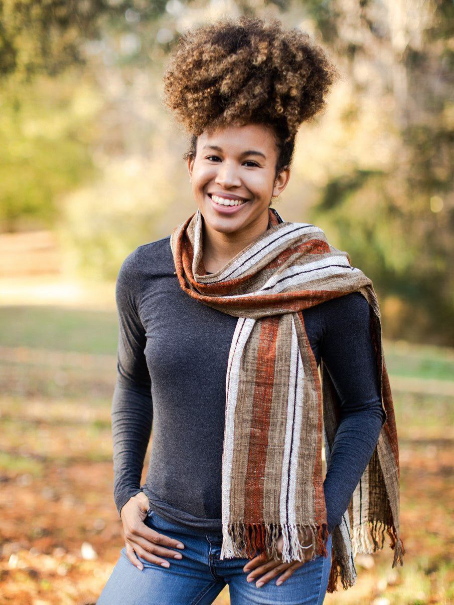 Handwoven Fair Trade Earth Toned Rust Orange Brown Linen-Colored White Black Striped Madagascar Wild Silk Scarf Unisex Women or Men