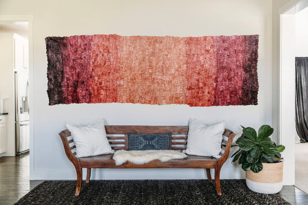 Handmade fair trade burgundy and rose gradient Madagascar wild silk large wall art large wall hanging 1m x 3m