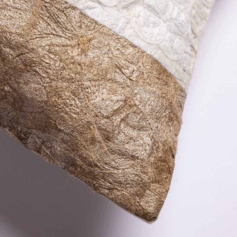 Fair trade handmade silk cocoon throw pillow 12"x24" linen-colored and white, Madagascar silk