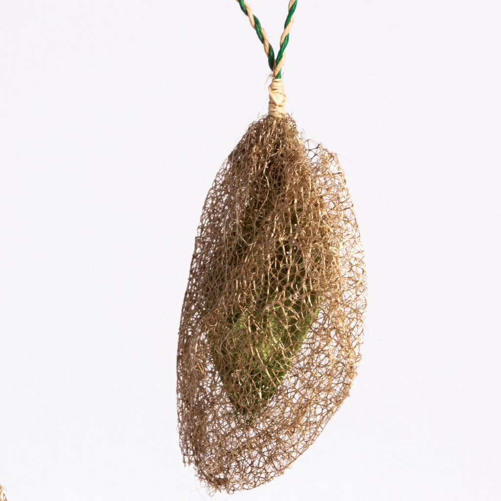 Handmade fair trade ethically sourced rainforest friendly Madagascar wild silk cocoon holiday christmas tree ornament unique silk cocoon decoration olive green