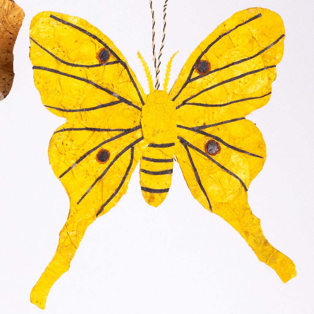 Fair trade ethically sourced handmade Madagascar silk holiday christmas ornament or small wall art wall hanging 6"x5" yellow silk moth ornament