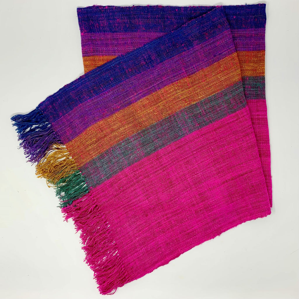 Handmade Madagascar wild raw silk scarf , Fuschia, Blue, Green, Purple, and Gold