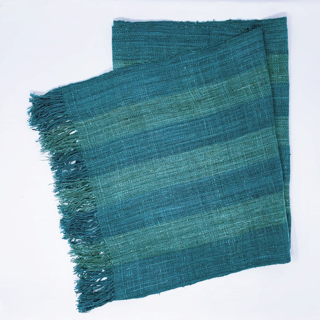 Unique Handwoven Handmade Fair Trade Madagascar Wild Raw Silk Scarf Teal Turquoise Blue Subtle Stripe Unisex Women Mens Scarf