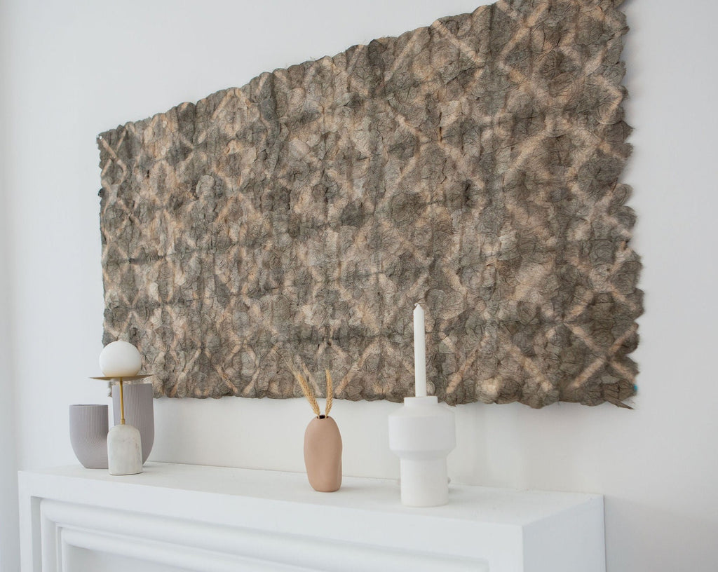 Naturally dyed Madagascar wild silk wall hanging, handmade fair trade ethically sourced, 30"x60" or 1 meter x 3 meters, large statement piece wall hanging, wall art, batik dyed, sage silver green grey gray