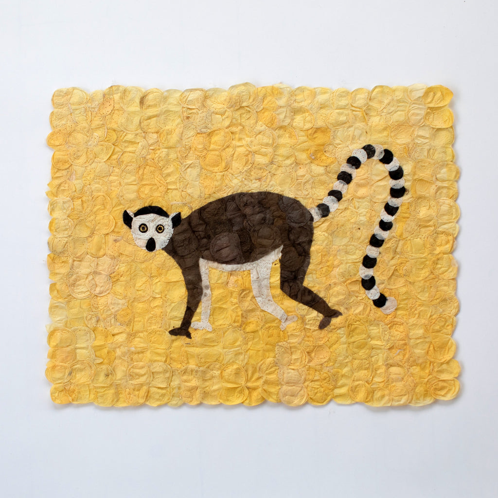 Madagascar ring-tailed lemur wall art made from sustainably harvested mulberry silk cocoons.  Handmade fair trade certified home decor.  12"x16"