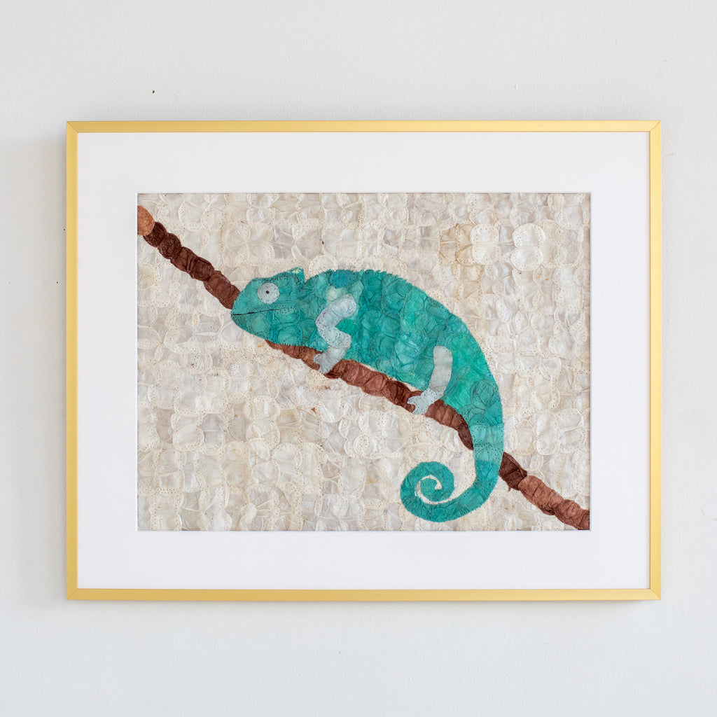 Madagascar chameleon wall art made from sustainably harvested mulberry silk cocoons. Handmade fair trade certified home decor. 12"x16"