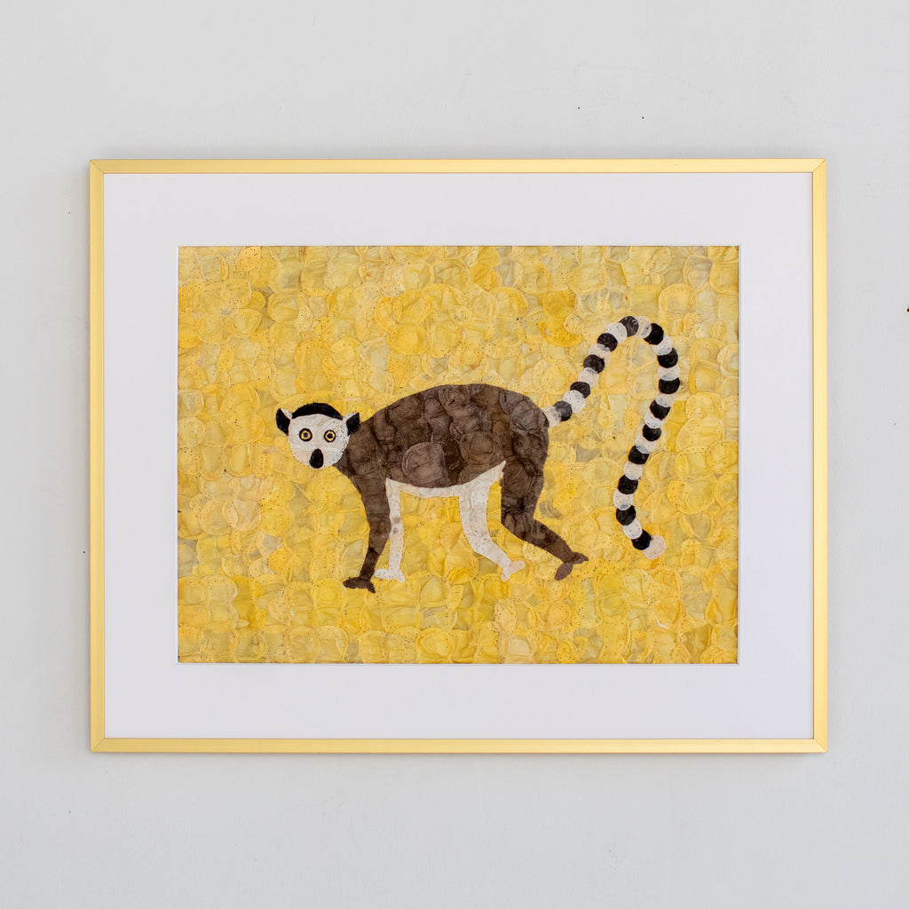 Madagascar ring-tailed lemur wall art made from sustainably harvested mulberry silk cocoons. Handmade fair trade certified home decor. 12"x16"