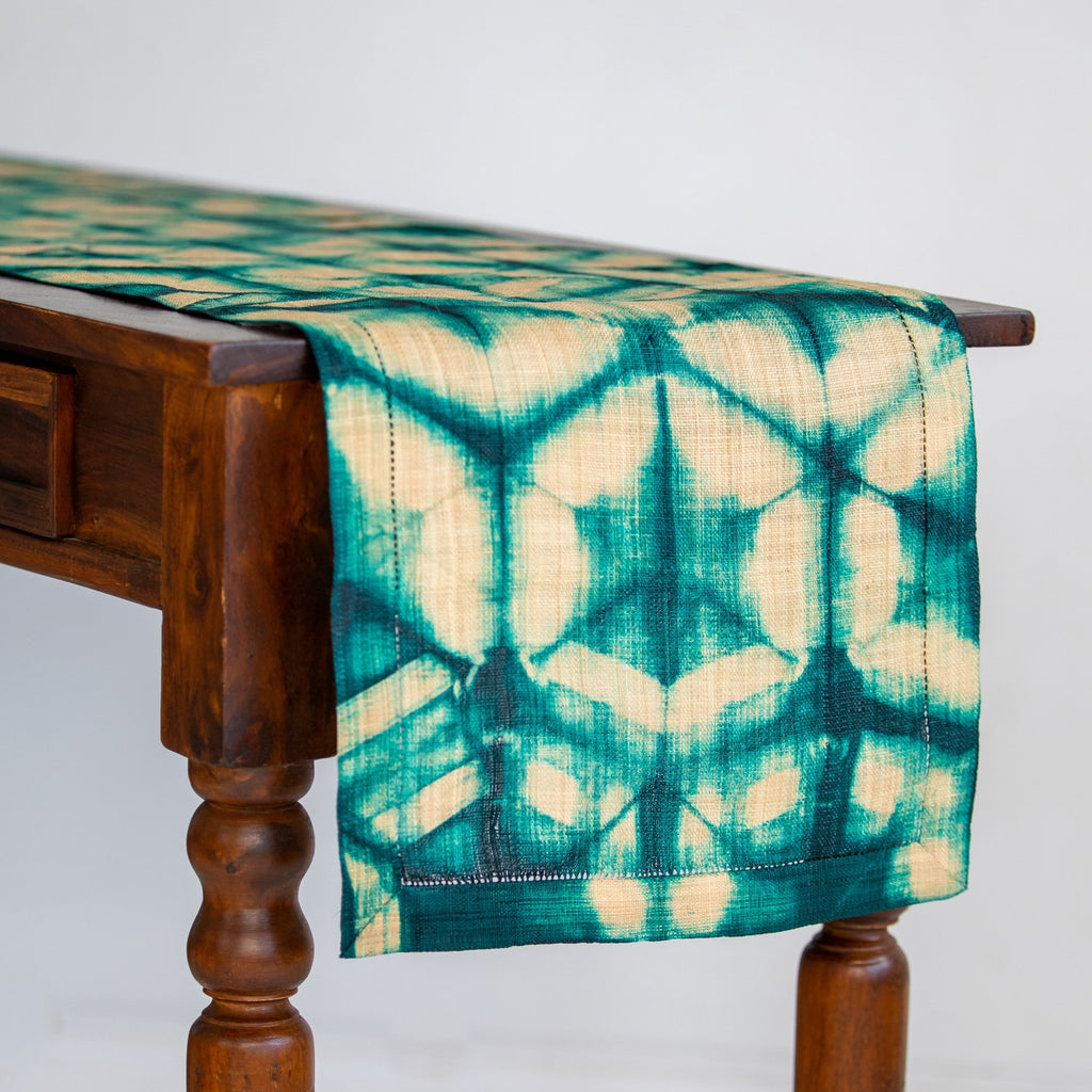 Ethically made handmade fair trade Madagascar raffia table runner emerald green and tan natural linen color shibori dyed home decor modern rustic