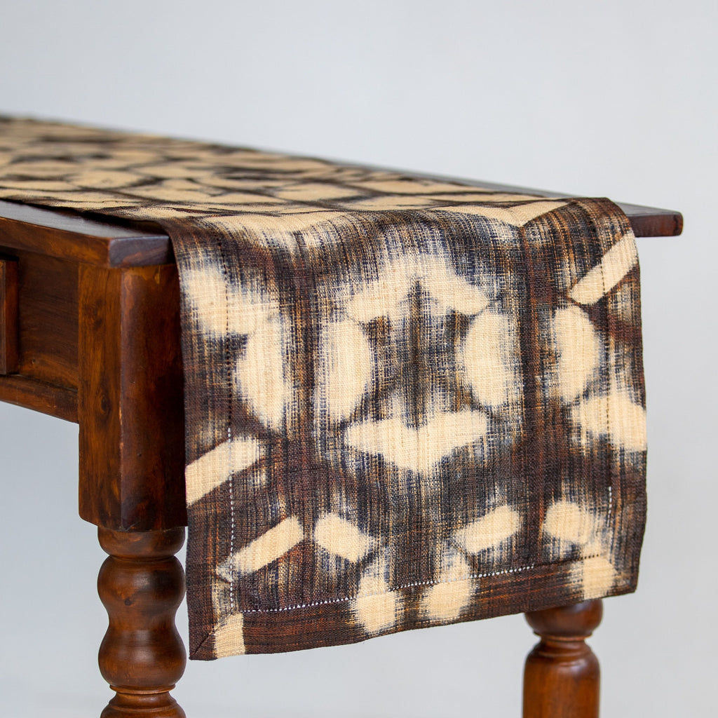 Handmade fair trade ethically made Madagascar raffia table runner dark chocolate brown and tan linen color shibori dyed pattern home decor modern rustic