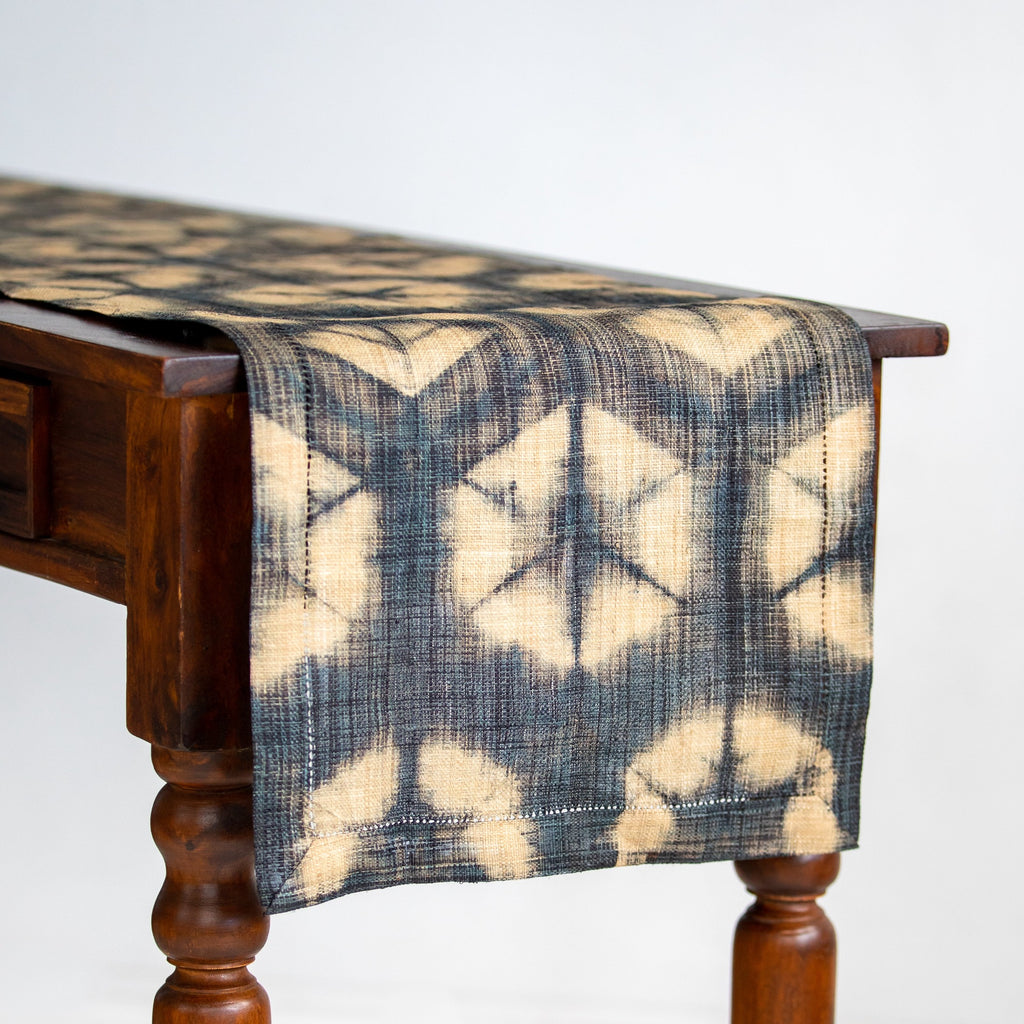 Ethically made handmade fair trade Madagascar raffia table runner charcoal black and tan natural linen color shibori dyed home decor modern rustic