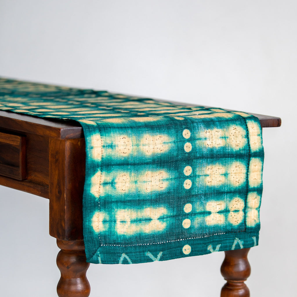 Ethically made handmade fair trade emerald green raffia table runner shibori dyed home decor modern rustic