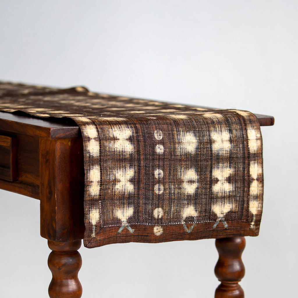 Ethically made fair trade handmade Madagascar raffia table runner dark chocolate brown earthy colors home decor modern rustic