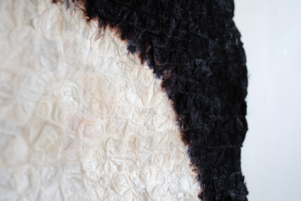 Ethically made fair trade Madagascar wild silk black and white moon sun wall art wall hanging home decor with bamboo hanging rod