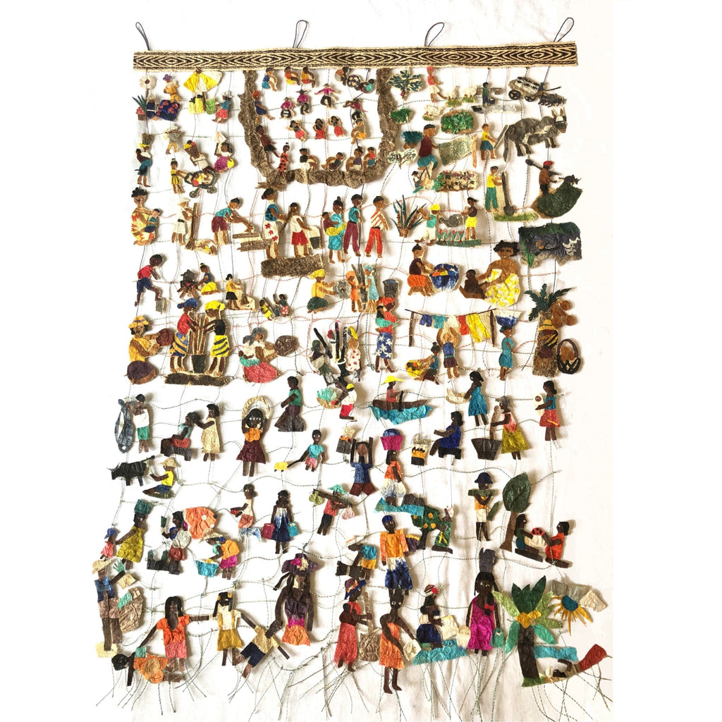 Colorful Handmade Collage Wall Hanging of African Village Life and Villagers 24"x36", Made in Madagascar, Raffia and Silk Cocoon, Fair Trade and Sustainably Sourced Material