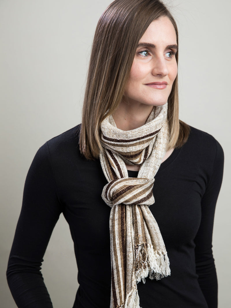 Organic Natural Dyed Silk Scarves for Women and Men, White Khaki and Chocolate Brown Stripe
