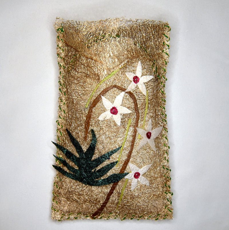 Handmade fair trade Madagascar wild silk lavender sachet with flower art collage, refillable, white orchid design