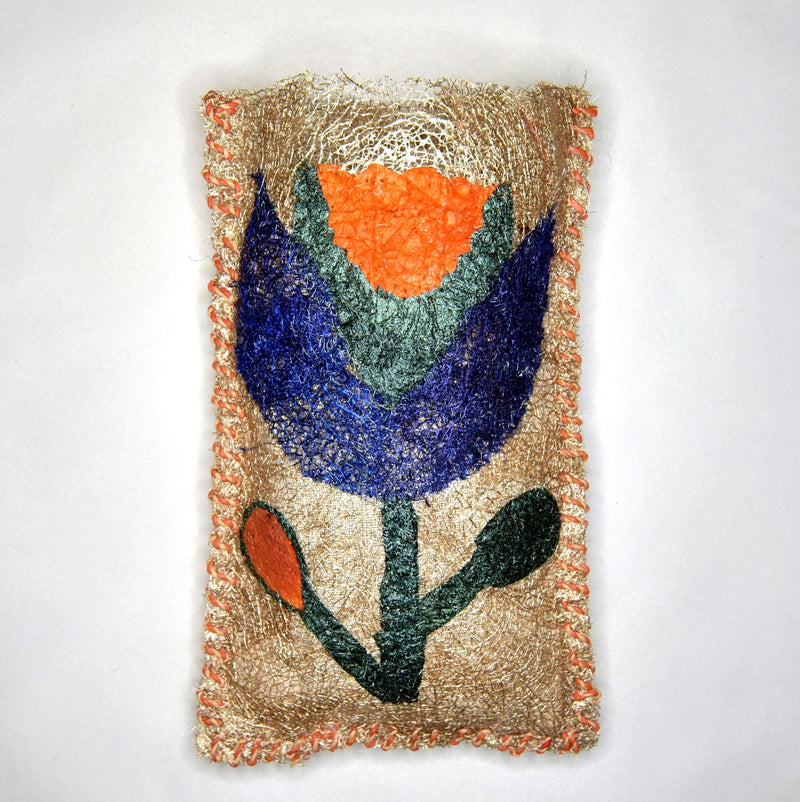 Handmade fair trade Madagascar wild silk lavender sachet with flower art collage, refillable, commelina dayflower gift