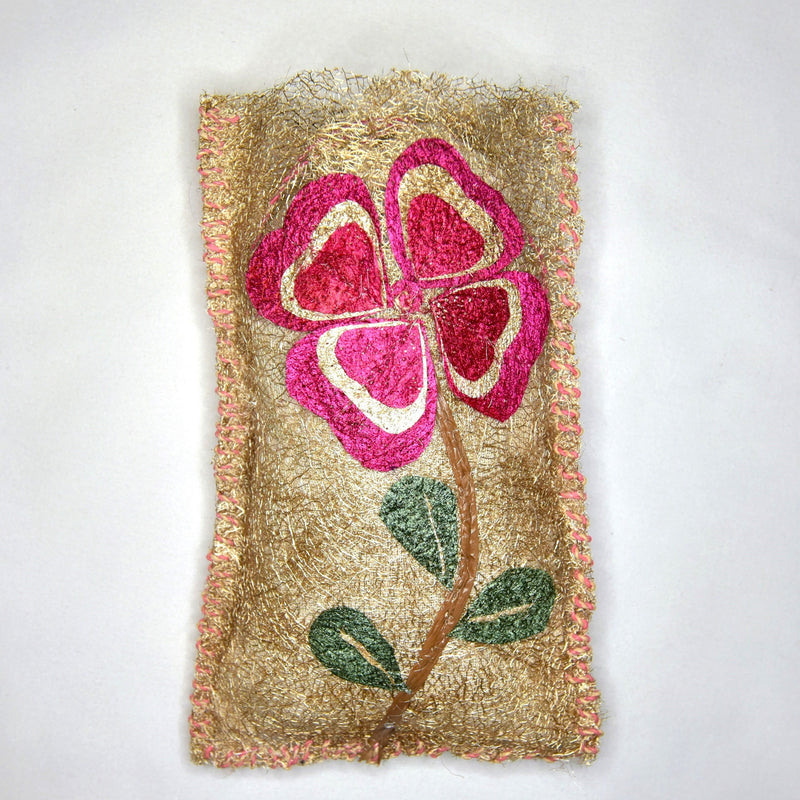 Handmade fair trade Madagascar wild silk lavender sachet with flower art collage, refillable, periwinkle flower design