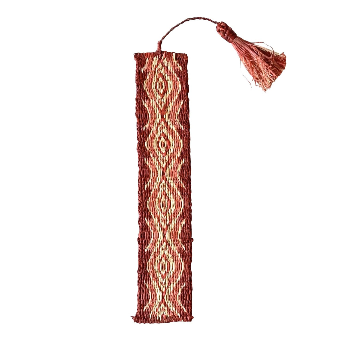Handwoven raffia bookmark with pattern of soft egyptian red, light coral, and light tan. Fair trade, handmade, sustainably sourced raw materials.