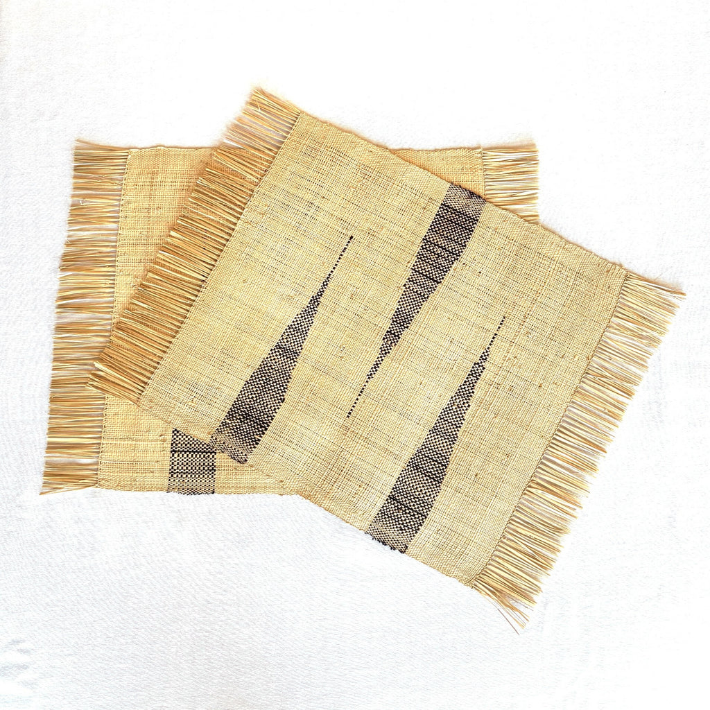 Handwoven Madagascar raffia placemats, 14"x19" black and natural chevron zig zag, handwoven patterning, interlocking weft clasping technique, fair trade eco-friendly wildlife friendly home decor