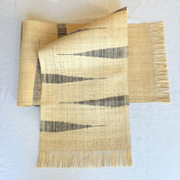 Handwoven Madagascar raffia table runner, black and natural chevron zig zag, handwoven patterning, interlocking weft clasping technique, fair trade eco-friendly wildlife friendly home decor