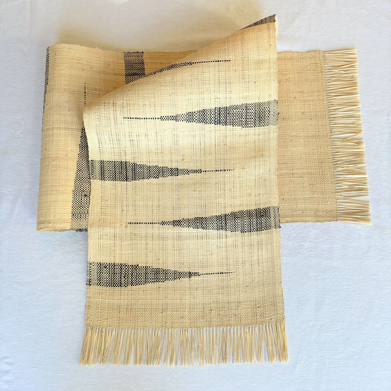 Handwoven Madagascar raffia table runner, black and natural chevron zig zag, handwoven patterning, interlocking weft clasping technique, fair trade eco-friendly wildlife friendly home decor