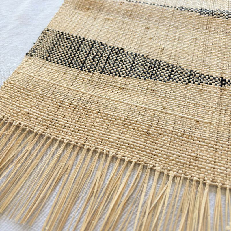Handwoven Madagascar raffia table runner, black and natural chevron zig zag, handwoven patterning, interlocking weft clasping technique, fair trade eco-friendly wildlife friendly home decor