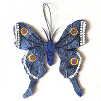 Fair trade handmade ethically made ecofriendly Madagascar silk holiday christmas ornament, small unique wall decor, indigo navy blue and white butterfly ornament mini artwork