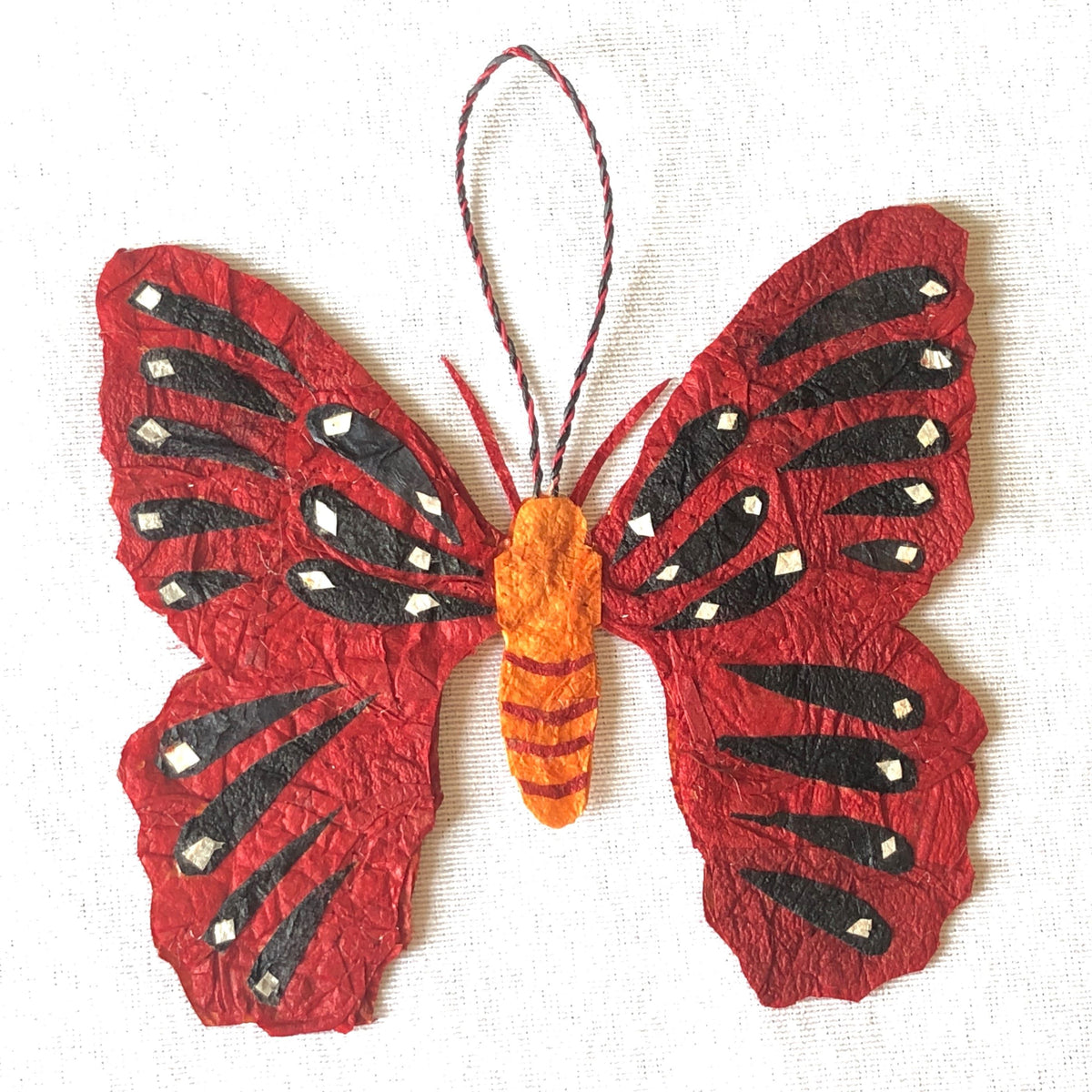 Madagascar silk scarlet red butterfly ornament, handmade fair trade ecofriendly, unique miniature wall art decor