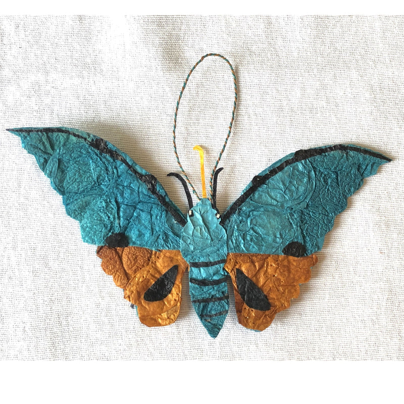 Fair trade handmade ethically made ecofriendly Madagascar silk holiday christmas ornament, small unique wall decor, teal tan and black, Euchloron moth species