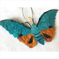 Fair trade handmade ethically made ecofriendly Madagascar silk holiday christmas ornament, small unique wall decor, teal tan and black, Euchloron moth species