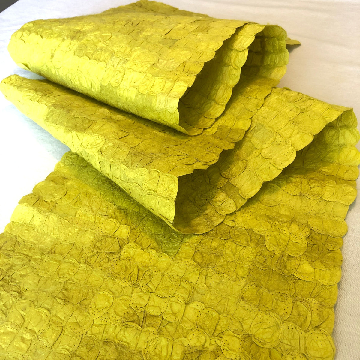 Handmade fair trade sustainably sourced ecofriendly Madagascar silk table runner, 14"x72", chartreuse sunny yellow gold