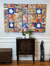 Madagascar raw wild silk handmade wall hanging fair trade indigo multi-color natural batik patchwork  tapestry rustic modern bohemian home decor