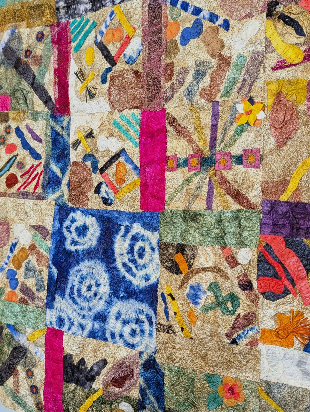 Madagascar raw wild silk handmade wall hanging fair trade indigo multi-color natural batik patchwork  tapestry rustic modern bohemian home decor