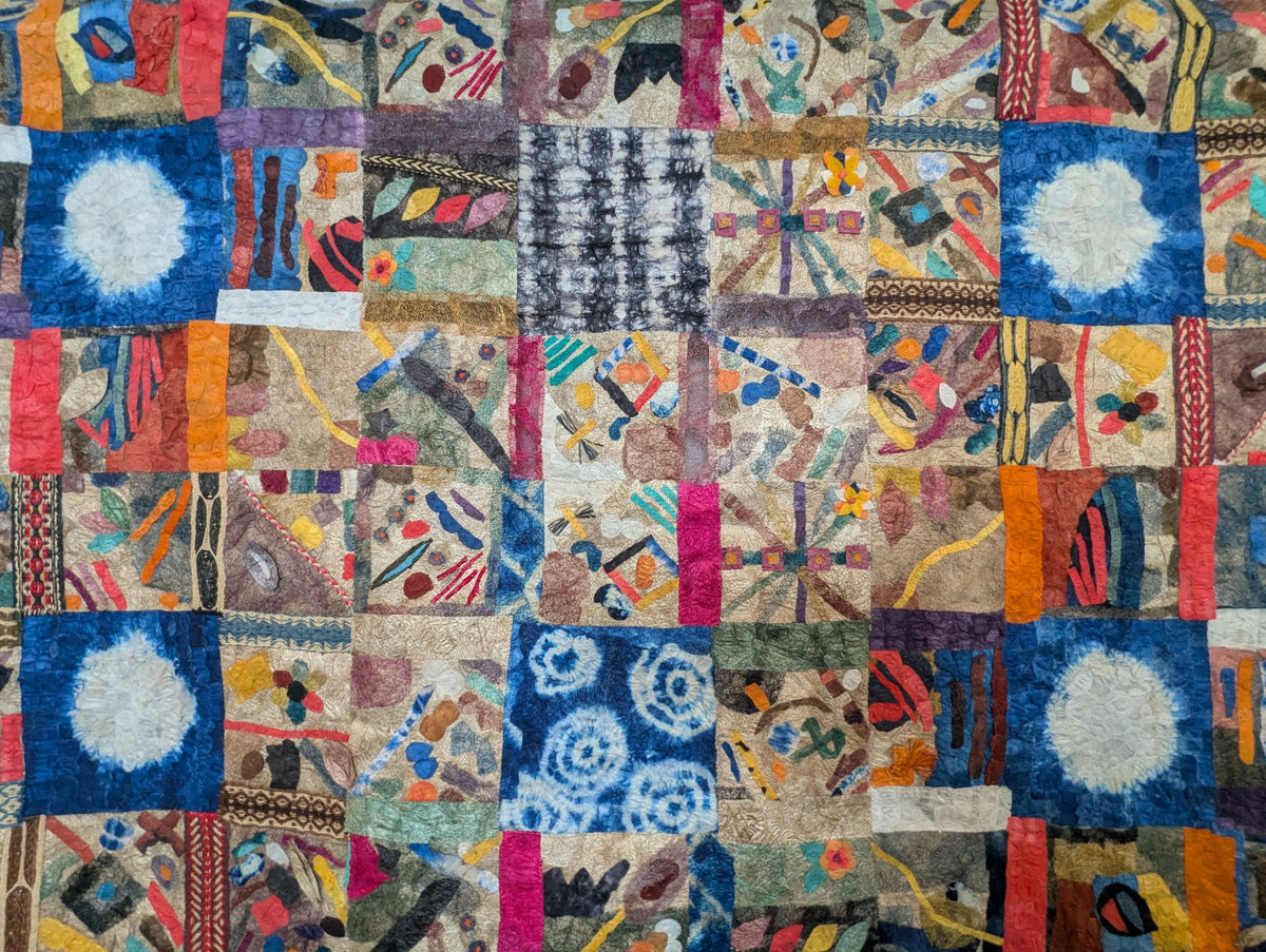 Madagascar raw wild silk handmade wall hanging fair trade indigo multi-color natural batik patchwork  tapestry rustic modern bohemian home decor