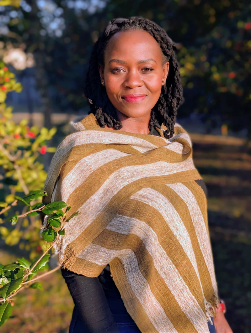 Handwoven Madagascar wild silk scarf. Olive green and white stripe. Naturally dyed, handmade and fair trade.