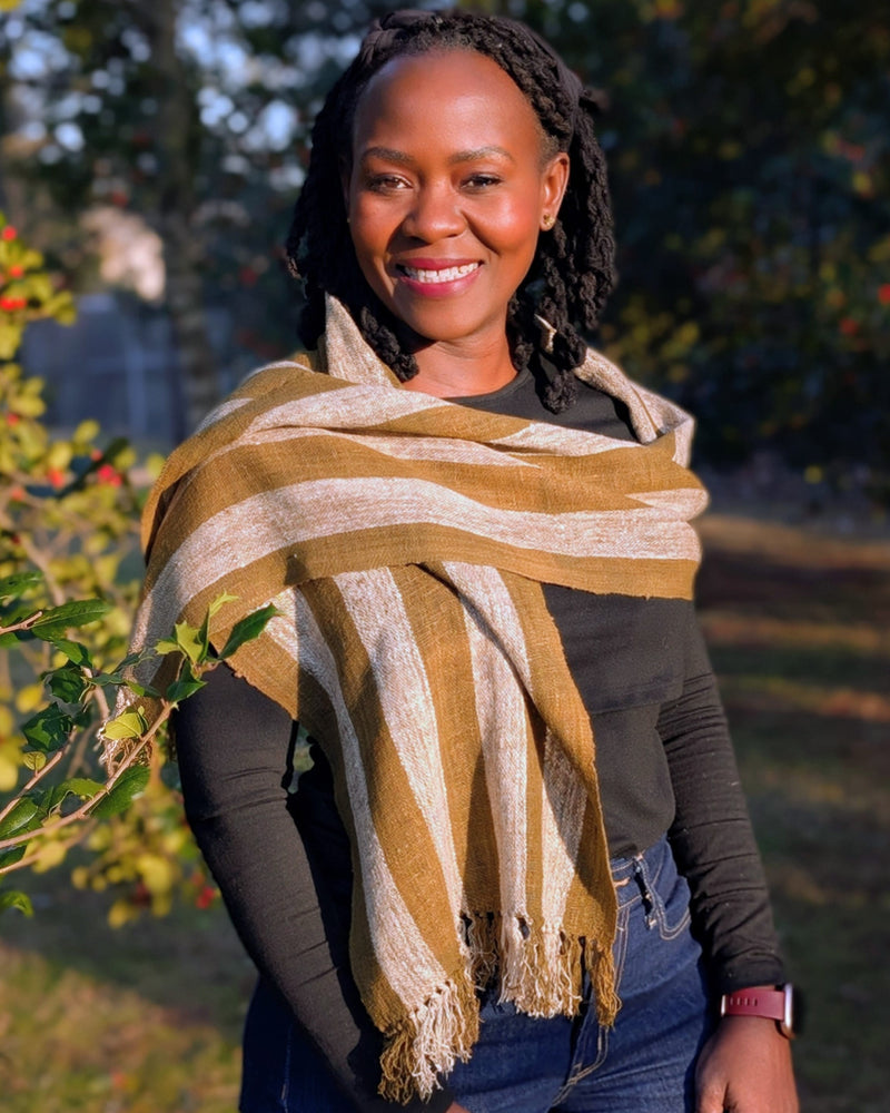 Handwoven Madagascar wild silk scarf. Olive green and white stripe. Naturally dyed, handmade and fair trade.