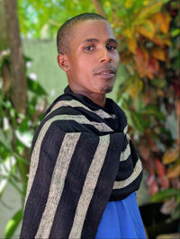 Handwoven Madagascar wild silk scarf. Black and white stripe. Naturally dyed, handmade, and fair trade.