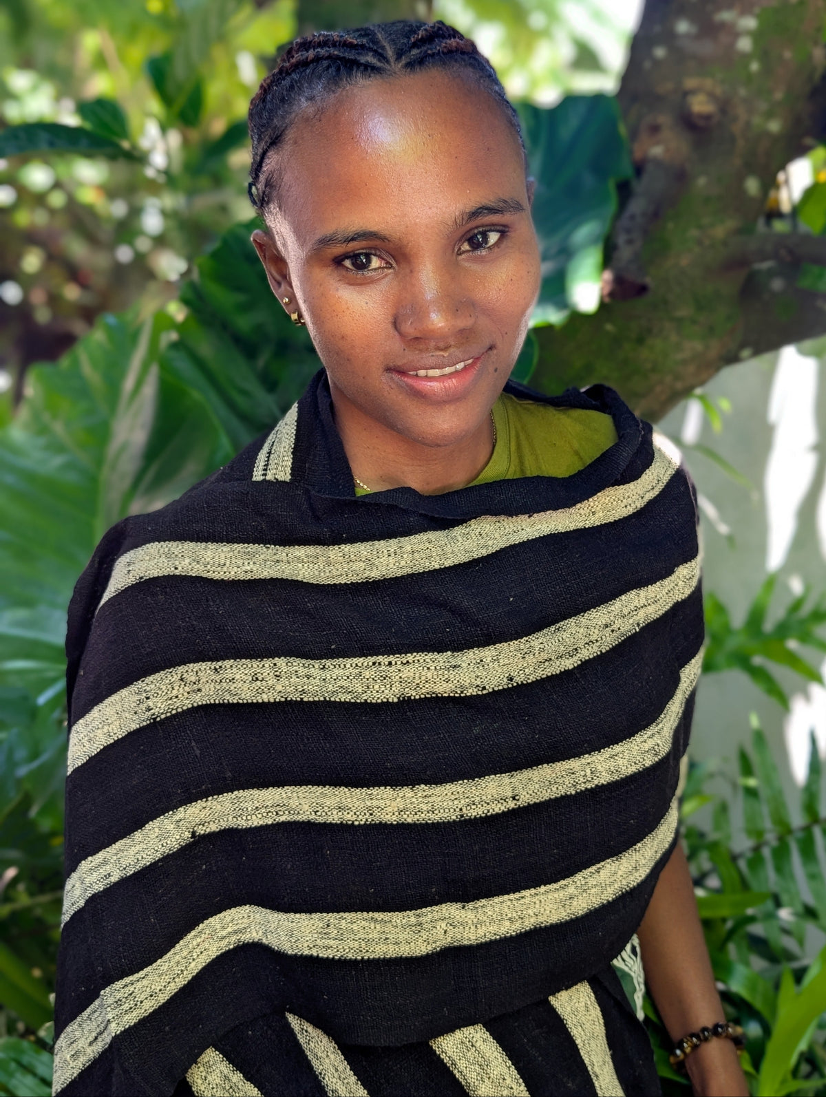 Handwoven Madagascar wild silk scarf. Black and white stripe. Naturally dyed, handmade, and fair trade.