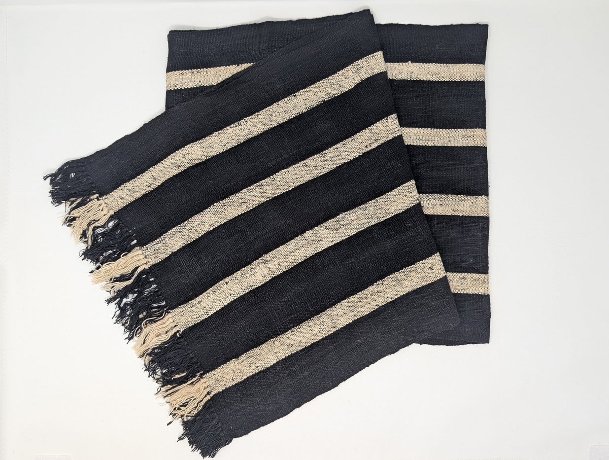 Handwoven Madagascar wild silk scarf. Black and white stripe. Naturally dyed, handmade, and fair trade.