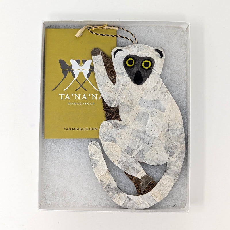 Silky Sifaka Lemur Ornament, white, handmade, fair trade, wildlife friendly, cocoon silk and wild silk, Made in Madagascar. Ethical gift for nature or animal lover.