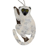 Silky Sifaka Lemur Ornament, white, handmade, fair trade, wildlife friendly, cocoon silk and wild silk, Made in Madagascar. Ethical gift for nature or animal lover.