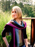 Modern handwoven Madagascar wild raw silk scarf, Fuschia, Blue, Burgundy, and Tan