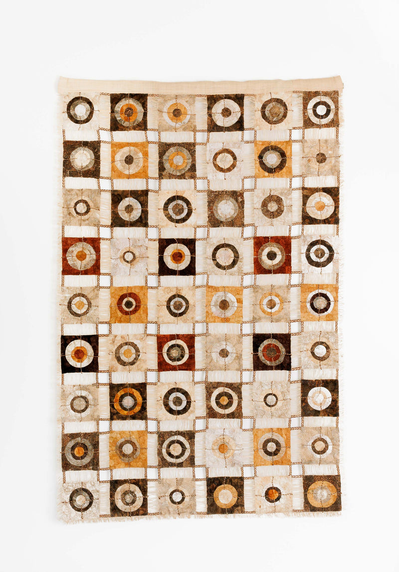 Earth tones naturally dyed patchwork boho large wall hanging tapestry rustic modern home decor, brown gold rust ivory tan, raw wild silk and raffia, handmade fair trade eco-friendly